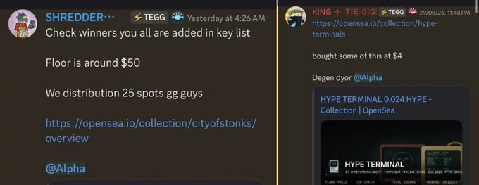 Discord chat messages from 'SHREDDER' and 'KING' users in TEGG channels discussing NFT collections with OpenSea links, mentioning floor prices of $50 and a $4 purchase.