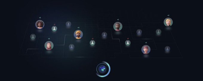 A dark-themed digital graphic displays a network of user profile avatars connected by lines, representing a decentralized community, with a glowing JustLend logo prominently positioned at the bottom center of the connected node structure.