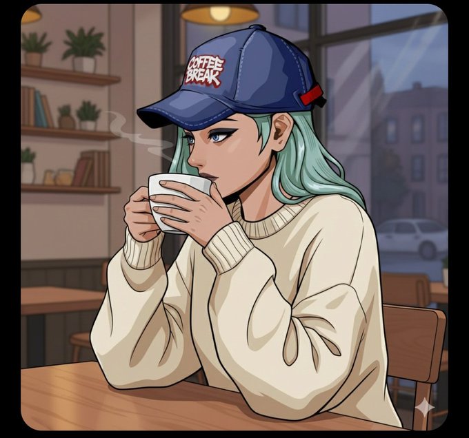 The image features a woman sitting at a table, wearing a blue baseball cap and a white sweater. She is holding a cup of coffee while looking down at her drink. The background shows a cafe setting with chairs and tables arranged around the area. There are also potted plants visible in the scene. The post includes text that reads "Good Morning Bullish on the future being built by @0G_labs and @FIH_USD1 0G is laying the foundation for decentralized AI with infrastructure designed for scale FIH is turning market intelligence into opportunity by rewarding users for being right before the market moves".
