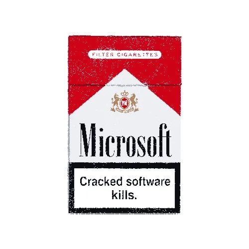 A parody of a cigarette pack design features the word 'Microsoft' prominently with the warning text 'Cracked software kills.' at the bottom and 'FILTER CIGARLITES' at the top.