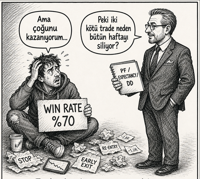 A disheveled trader sits on the floor clutching a "WIN RATE %70" sign while sweating and saying "Ama çoğunu kazanıyorum…" (But I win most of them…), as a well-dressed mentor holding a "PF / EXPECTANCY / DD" notebook asks "Peki iki kötü trade neden bütün haftayı siliyor?" (Then why do two bad trades wipe out the whole week?). Scattered around him are crumpled "STOP," "RE-ENTRY," "EARLY EXIT," "-1.8R," and "-1.2R" papers, with a phone showing a plummeting equity chart—illustrating the post's point that beginners focus on their winning trades while ignoring how poor risk management on a few bad trades erases their weekly gains despite a high win rate.