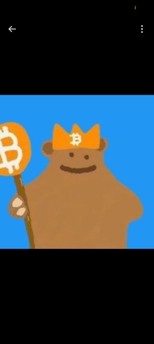 A pixel-art style illustration of a brown ape-like figure wearing a Bitcoin crown and holding a Bitcoin scepter against a blue background, displayed within a mobile screenshot interface.