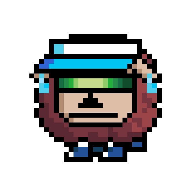 A pixel art image of a small character wearing a red hoodie and a green-brimmed white and blue cap.