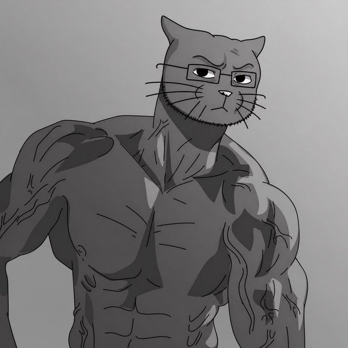 A grayscale illustration of a muscular anthropomorphic cat with a serious expression, wearing rectangular glasses, showcasing a heavily defined human-like physique.