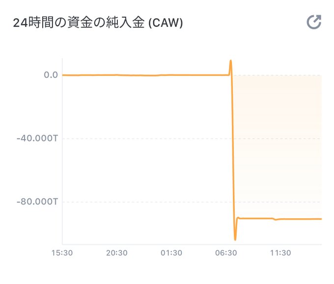 A line graph in Japanese titled '24時間の資金の純入金 (CAW)' showing a sharp drop in net deposits around 06:30, falling to approximately -80T.