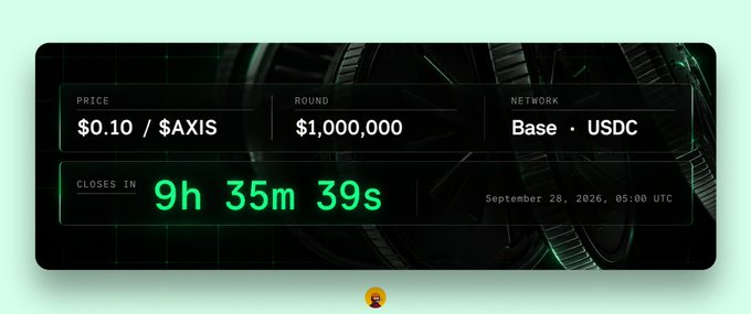 A digital display showing an auction countdown of '9h 35m 39s' for a $1,000,000 round on Base network USDC at a price of $0.10 per $AXIS, closing September 28, 2026.