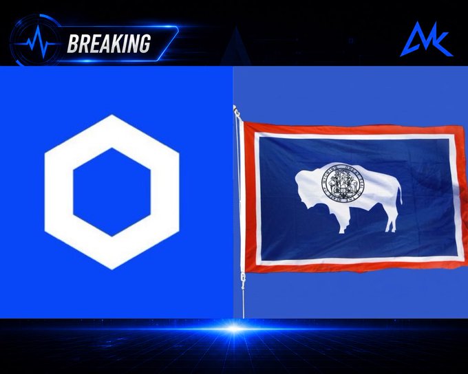 A breaking news graphic showing the Chainlink logo next to the Wyoming state flag.