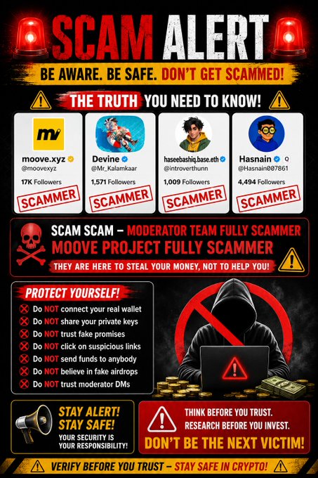 The image features a poster or flyer with red and black text, warning people about potential dangers online. The poster includes various warnings such as "scam alert", "don't get scammed!", and "moderator team fully scammer". It also provides tips on how to protect oneself from online threats like phishing emails and fake websites.

The poster is designed in a way that it captures the viewer's attention, with bold red text against a black background. The layout includes multiple bullet points or phrases providing advice on staying safe while using the internet. This informative visual aids viewers in understanding the risks associated with online activities and encourages them to be cautious when navigating the digital world.