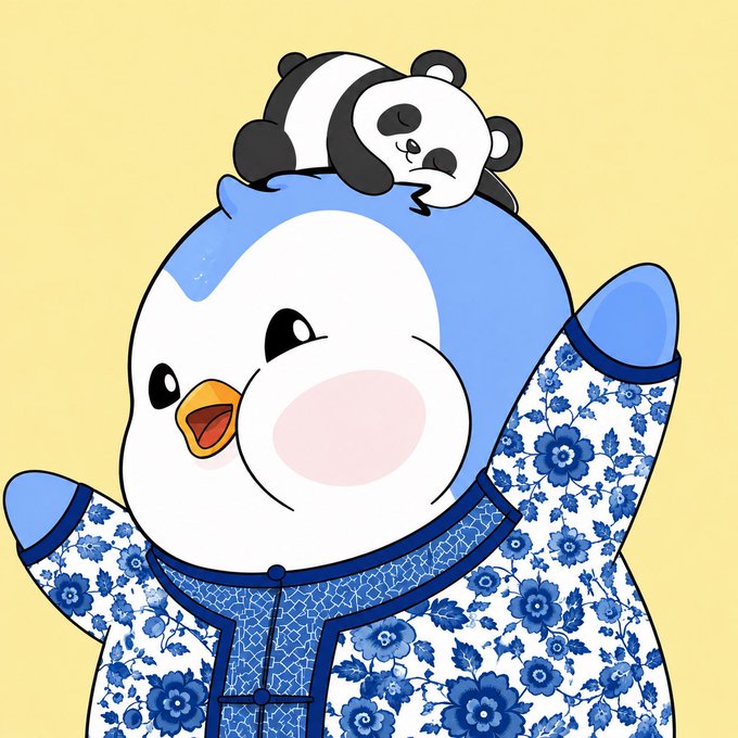 An illustration of a chubby cartoon penguin wearing a blue and white floral Chinese-style robe, with a small sleeping panda resting on its head against a yellow background.