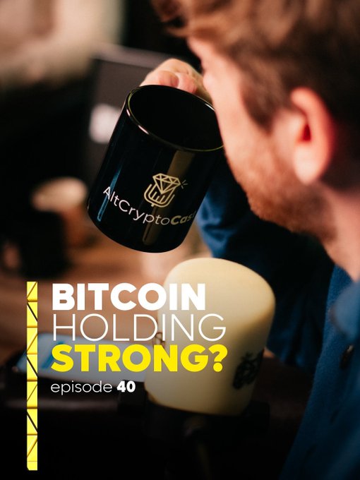 A man drinks from a black "AltCryptoCast" branded mug with overlaid text reading "BITCOIN HOLDING STRONG? episode 40," promoting the latest podcast episode featuring Bitcoin at $59K, ANSEM's $130M milestone, and MiCA's impact on European crypto.