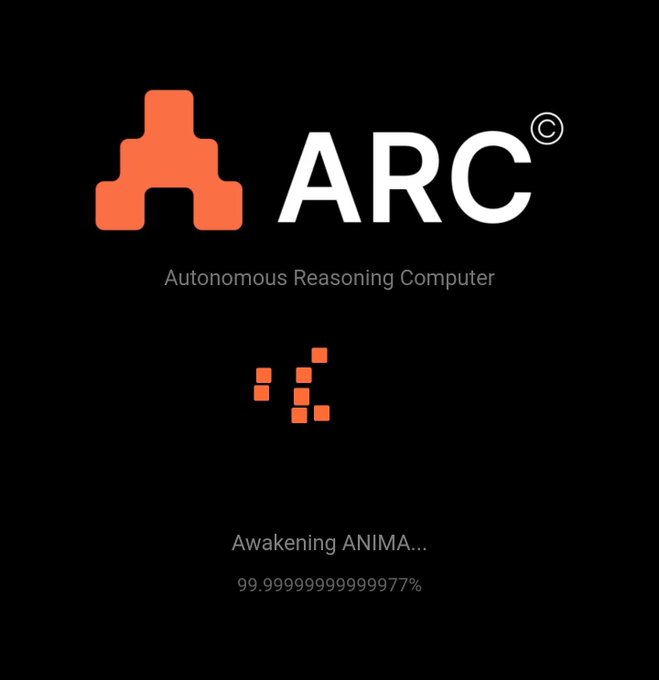 Black splash screen for ARC (Autonomous Reasoning Computer) displaying an orange logo, animated orange blocks, and the text 'Awakening ANIMA... 99.9999999999977%'.