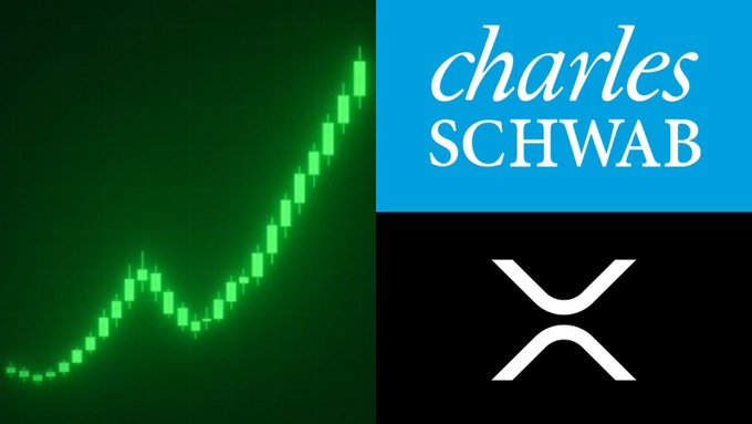 A graphic displaying a green rising stock chart alongside the 'charles SCHWAB' logo in blue and white, with an XRP cryptocurrency logo below it.