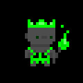 A small pixel-art sprite of a dark character with green flame-like hair or aura, set against a black background.