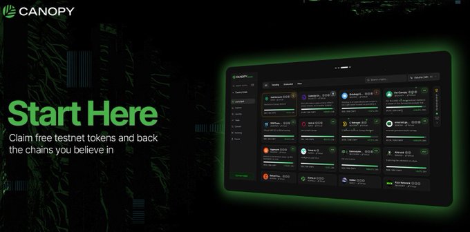 A promotional image for Canopy with the text 'Start Here - Claim free testnet tokens and back the chains you believe in,' showing a dark-themed dashboard interface displaying various cryptocurrency tokens.