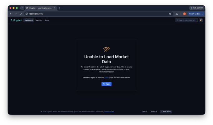 A screenshot of the Cryptex crypto dashboard at localhost:3000 displaying a custom "Unable to Load Market Data" error page, which the developer added on Day 3 of the build streak to handle API failures gracefully.