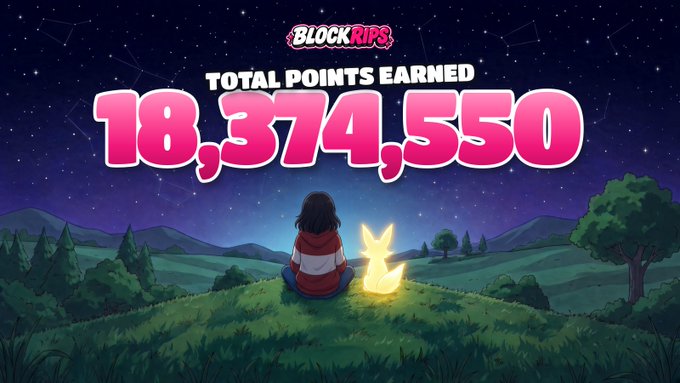 A 'Block Rips' game screen displays 'TOTAL POINTS EARNED 18,374,550' in pink text, with an illustration of a person and a glowing rabbit sitting on a hill under a starry night sky.