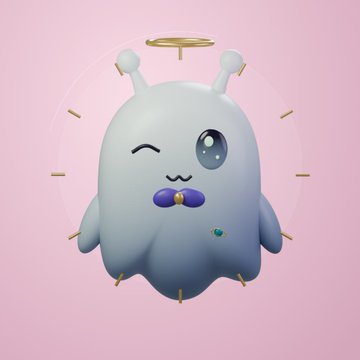 A 3D-rendered cute white blob-like character with bunny ears, a winking face, and a halo, with a small purple bowtie and tiny yellow arms and legs against a pink background.