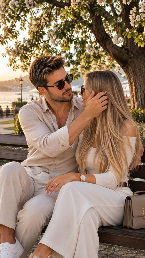 A couple sits on a bench under a flowering tree in a coastal setting, with the man gently holding the woman's face as they look at each other affectionately.