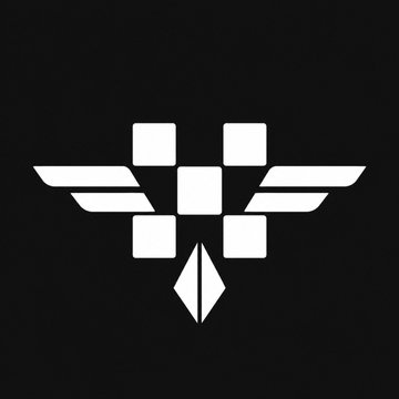The image displays a white stylized logo on a black background, featuring four square blocks arranged in a grid with wing-like extensions on either side and a diamond shape beneath, resembling an emblem or icon. This logo likely serves as the branding for the "OKX 飞行" (OKX Flight) service mentioned in the post, which is the author's second OKX.AI ASP (AI Service Platform) launch, integrating cryptocurrency (OK PAY) with travel planning through AI-generated itineraries, POIs, and budget breakdowns.