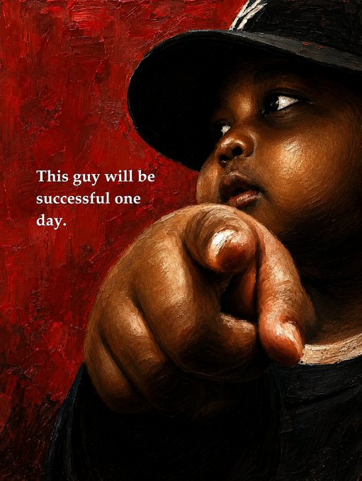 A painting-style image of a young boy pointing at the viewer against a red background, with text reading 'This guy will be successful one day.'