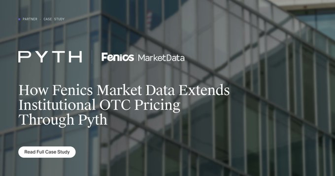 A modern glass building facade serves as the background for a banner promoting a partnership case study between Pyth and Fenics Market Data, headlined "How Fenics Market Data Extends Institutional OTC Pricing Through Pyth," with a "Read Full Case Study" button and a "Partner Case Study" tag in the top corner. The institutional architecture visually reinforces the article's focus on extending institutional over-the-counter pricing capabilities through Pyth's network.