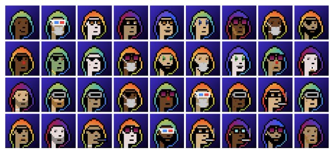 A grid displays 32 CryptoPunk pixel art avatars in varying color schemes, hairstyles, and accessories like glasses and face masks.
