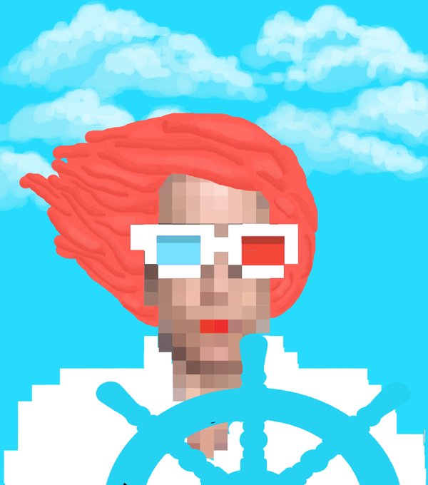 A pixel art illustration of a person with bright red hair wearing blue and red 3D glasses, steering a light blue ship's wheel against a blue sky with clouds.