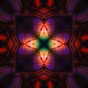 A symmetrical, kaleidoscopic abstract digital artwork with a vibrant purple and red color palette and a glowing green and yellow center.