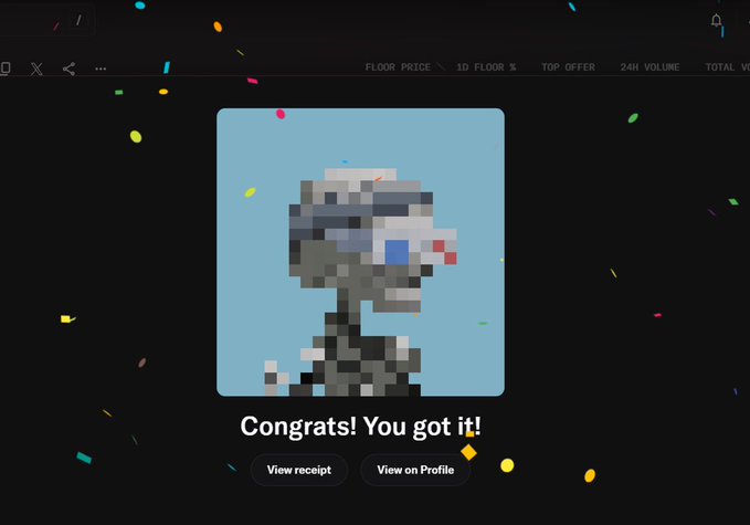 A pixel art NFT purchase confirmation screen with confetti displaying 'Congrats! You got it!' along with buttons to view the receipt and profile.