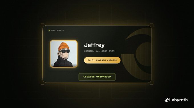 A digital card displays the name 'Jeffrey' as a 'GOLD LABYRINTH CREATOR' with 'CREATOR ONBOARDED' status, featuring a cartoon avatar of a person in an orange beanie and sunglasses.