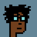 A small pixel art image of a person with curly dark hair and light blue eyes against a blue background.