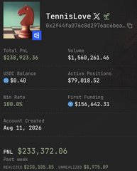 A user profile dashboard for 'TennisLove' showing account statistics, including a PnL of $233,372.06, a Total PnL of $239,923.36, and an Account Created date of Aug 11, 2026.