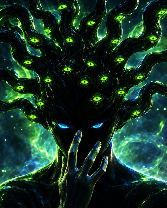 A dark, demonic figure with glowing blue eyes holds a finger to its lips in a shushing gesture, surrounded by writhing black tentacles covered in numerous glowing green eyes against a cosmic green background.