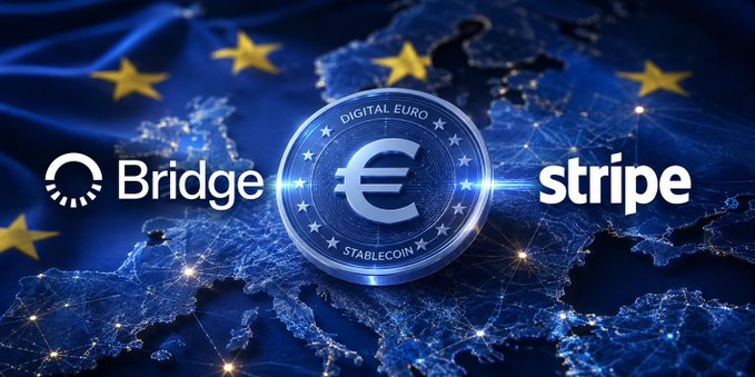 A graphic displays a digital euro stablecoin coin with logos for 'Bridge' and 'stripe' overlaid on a map of Europe with EU stars.