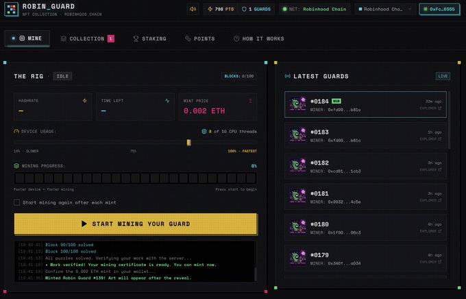 A screenshot of the Robin Guard NFT mining dashboard showing the rig status with device usage at 100% faster and a mint price of 0.002 ETH, alongside a list of latest guards including #0184 and #0183.
