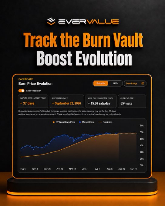 An EverValue dashboard titled 'Track the Burn Vault Boost Evolution' displays Burn Price Evolution statistics, including 37 days to reach market price, estimated September 23, 2026, and a chart comparing BV Boost Burn Price, Market Price, and Prediction.
