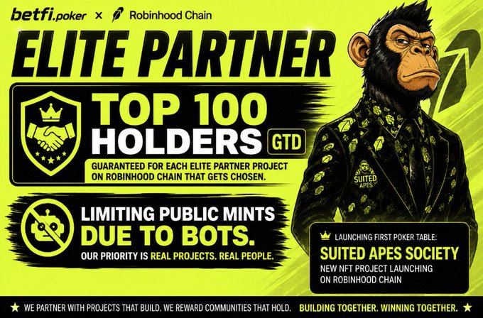 A promotional banner for "betfi.poker x Robinhood Chain" announcing an "ELITE PARTNER" program with "TOP 100 HOLDERS GTD" rewards, featuring a chimpanzee in a patterned suit (Suited Apes Society NFT) and noting limiting public mints due to bots, with the first poker table launching on Robinhood Chain.