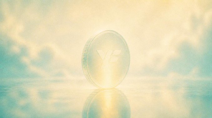 A glowing translucent coin featuring the "YF" logo stands against a dreamy teal-and-gold cloudy backdrop, symbolizing the seamless, ethereal yield-earning nature of Yieldfy's yUSDG token. The reflective surface and soft light emphasize how the token quietly grows in value while integrated within the broader DeFi ecosystem.