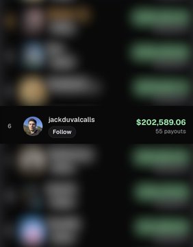 A screenshot from a social betting platform shows user "jackduvalcalls" ranked 6th with a cumulative payout of $202,589.06 across 55 payouts, illustrating the post's criticism of a top earner who allegedly called low-quality bets.