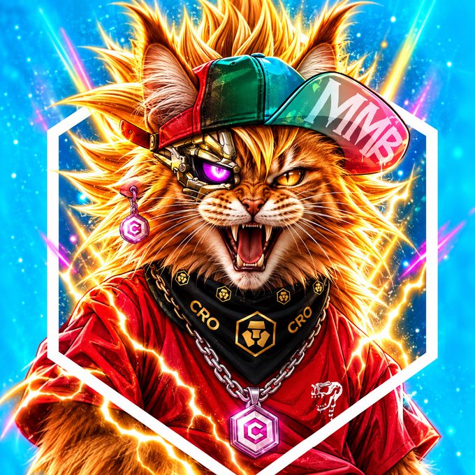 A vibrant digital illustration depicts an anthropomorphic lion wearing a green and red 'MM3' cap, a mechanical purple eye, and a red shirt with 'CRO' logos and a Crypto.com pendant.