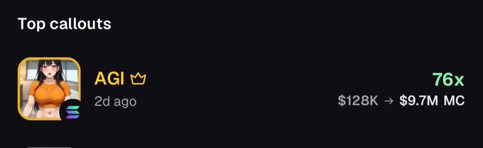A screenshot of a 'Top callouts' section featuring a user named 'AGI' with a crown icon, posted 2 days ago, showing a portfolio increase from $128K to $9.7M MC at a 76x multiplier.