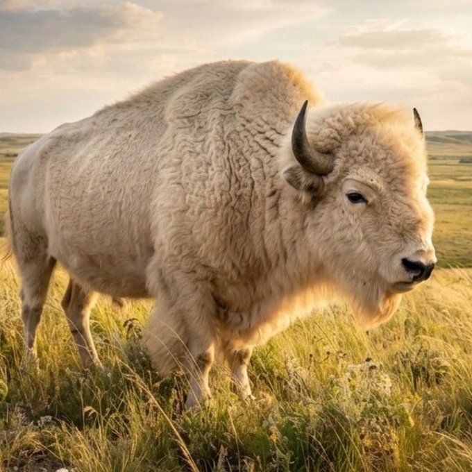A rare white buffalo stands majestically in a sunlit grassy field, embodying the legendary and unique spirit described in the post about the "White Buffalo" crypto community.