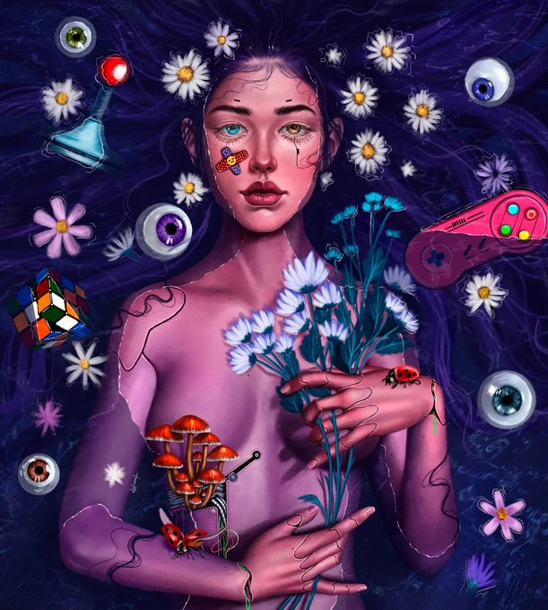 A surreal digital illustration of a girl with mismatched eyes surrounded by floating daisies, eyeballs, mushrooms, and a Rubik's cube against a purple background.