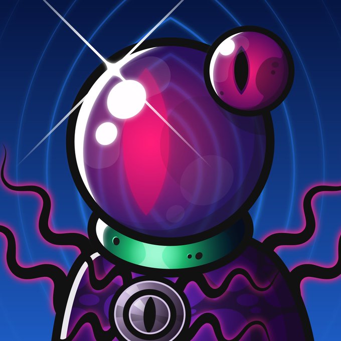 A stylized illustration of a cosmic or alien creature featuring a large purple eye on top of a purple orb, a smaller purple eye in the upper right, and tentacle-like appendages extending from its body, all set against a deep blue background with concentric rings. The "No caption needed" post suggests the artwork speaks for itself as a vibrant sci-fi or fantasy character design.