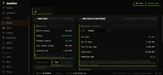 A dark-themed web dashboard for 'RobinHood' showing a staking page with wallet balance (352 WIF), staked amounts, rewards, and an earnings calculator.