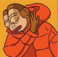 A cartoon monkey wearing an orange hoodie, with its hand pressed against its face in a shocked expression.