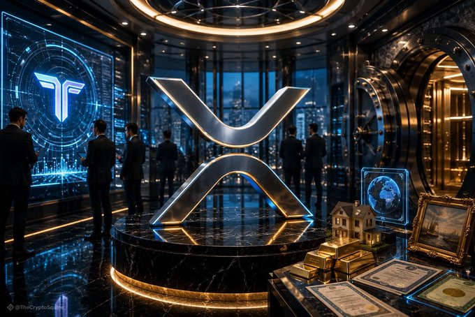 A futuristic, high-tech room showcases a glowing XRP Ledger "X" sculpture at its center, with people gathered around it examining displays, documents, and a model house—symbolizing the real-world asset tokenization developments mentioned in the post. The "X" emblem prominently features alongside a circular logo on the left, visually representing XRP Ledger's expanding infrastructure for tokenizing tangible assets like real estate.