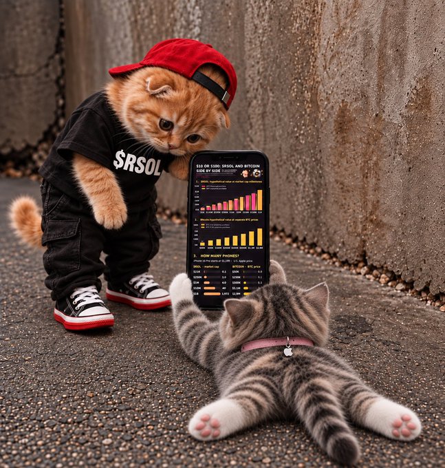 An anthropomorphic orange cat wearing a red cap, black t-shirt, and sneakers leans over to show a smartphone displaying financial charts and BTC data to a tabby kitten lying on its back.
