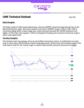 A "LINK Technical Outlook" chart from CryptoWZRD dated July 21st shows a daily candlestick analysis of LINK/USD closed around $8.00, with the accompanying commentary noting the indecisive close, choppy intraday action, and suggesting that a move below $8.90 followed by a bullish reversal—or a breakout and hold above $8.90—could present long entry opportunities.