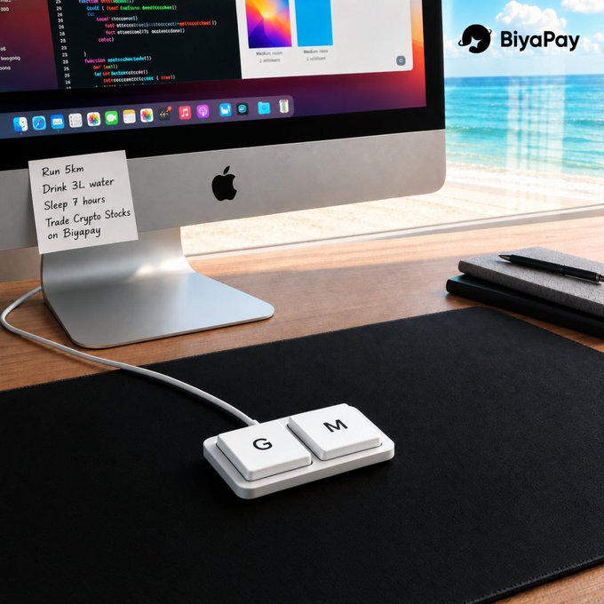A desk setup featuring an iMac with a sticky note reading "Run 5km, Drink 3L water, Sleep 7 hours, Trade Crypto Stocks on BiyaPay," alongside the BiyaPay logo and a macro pad with G and M keys.